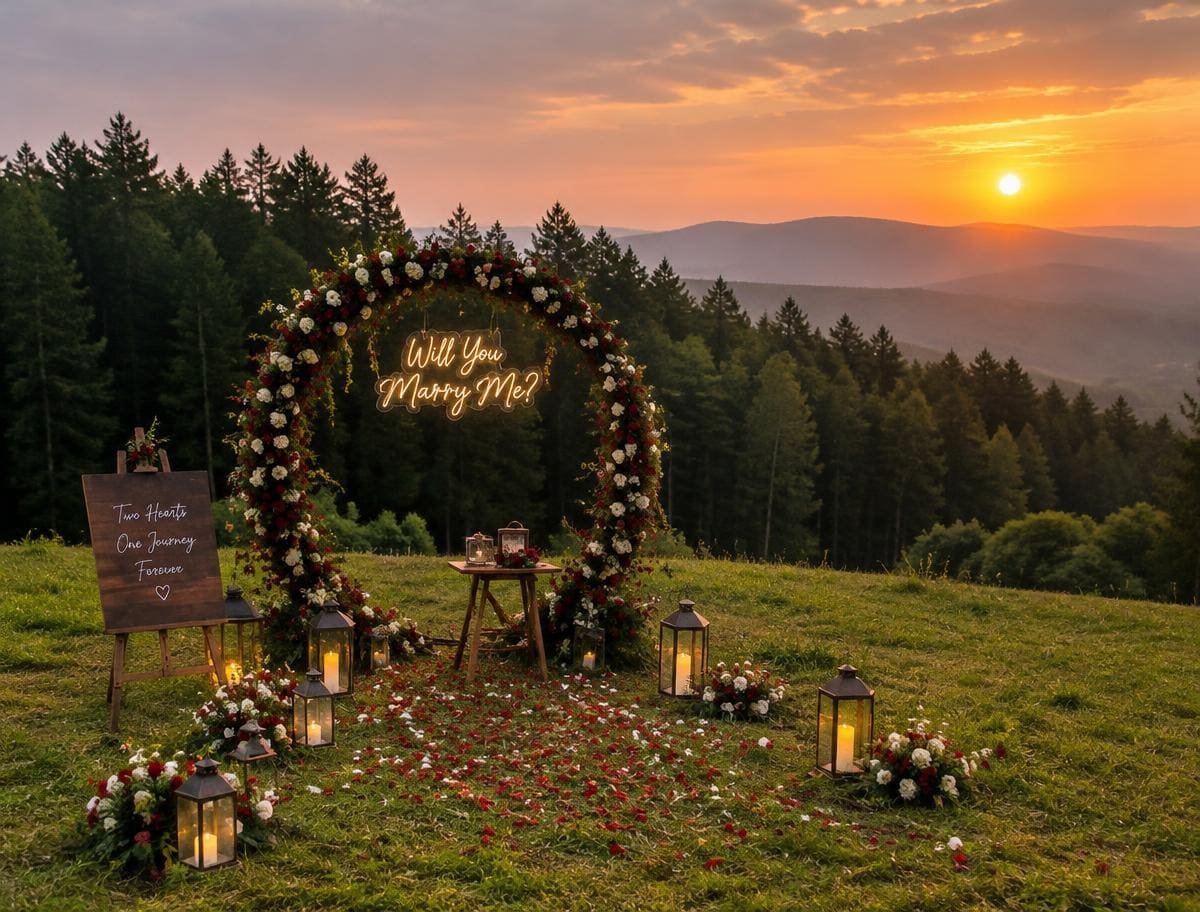 Flower arch, lanterns and rose petals set up for a proposal on a Vagamon meadow at sunset