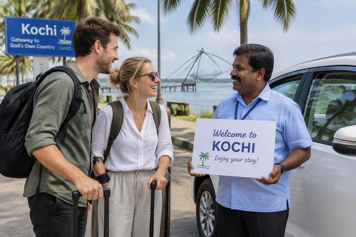 Overseas travellers welcomed by a local driver with a sign in Kochi