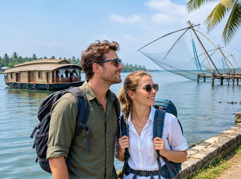 International couple with backpacks by the Chinese fishing nets in Kochi, houseboat passing behind