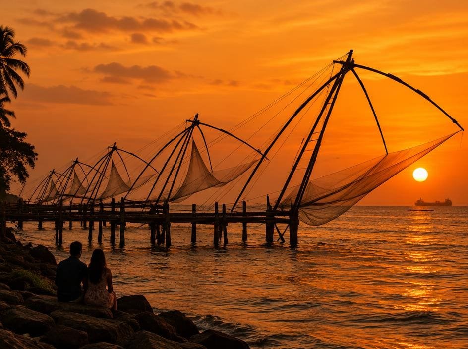 Couple watching the Chinese fishing nets of Fort Kochi at sunset