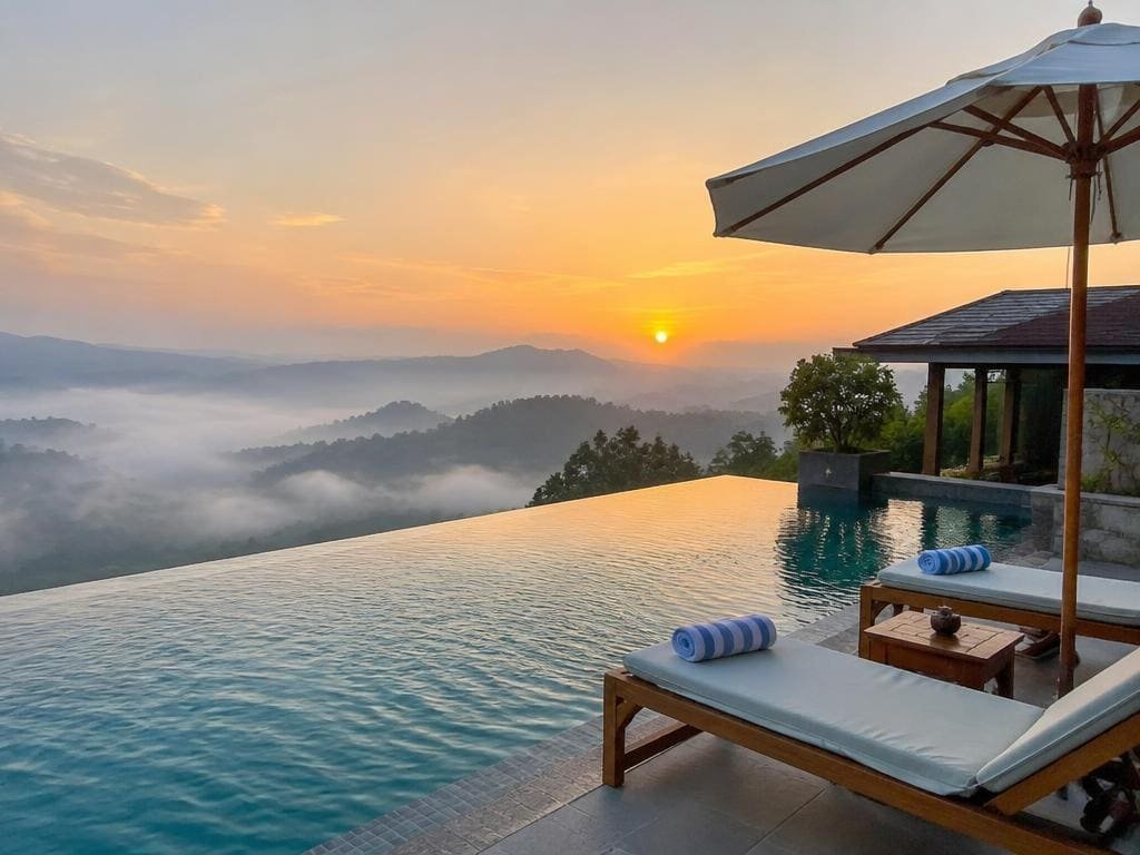 Infinity pool with sun loungers overlooking misty Kerala hills at sunset
