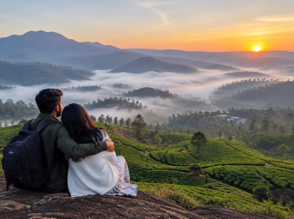 Honeymoon couple overlooking misty Munnar tea gardens at sunrise