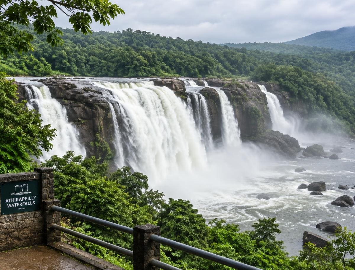 Wide curtain of water at Athirappilly waterfalls framed by forest