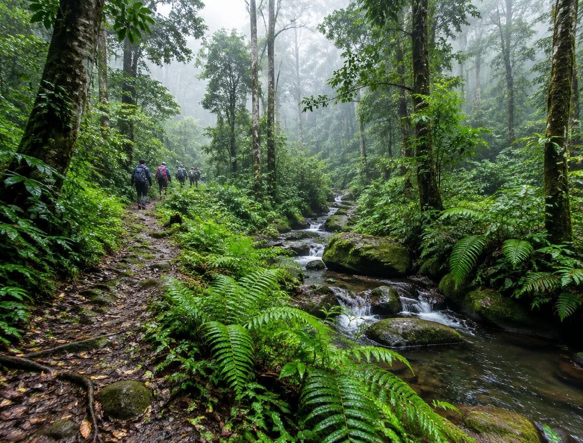 Hikers on a misty rainforest trail beside a stream in Wayanad