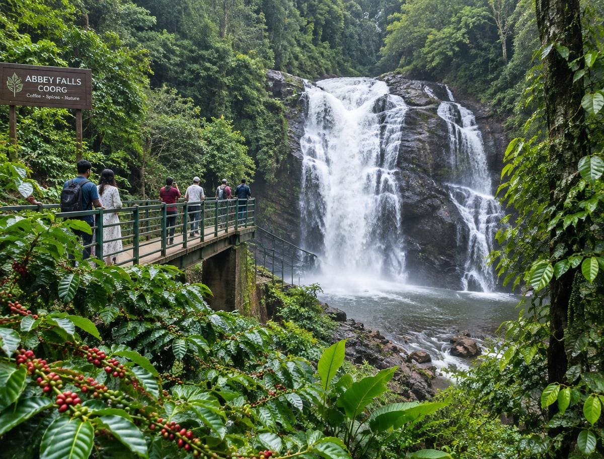 Visitors on a bridge viewing Abbey Falls in Coorg beside coffee plants