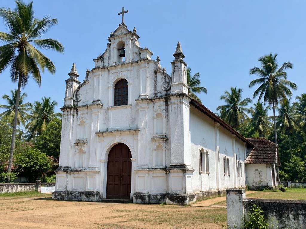 Old whitewashed Portuguese-era church with a bell gable among coconut palms in Kerala
