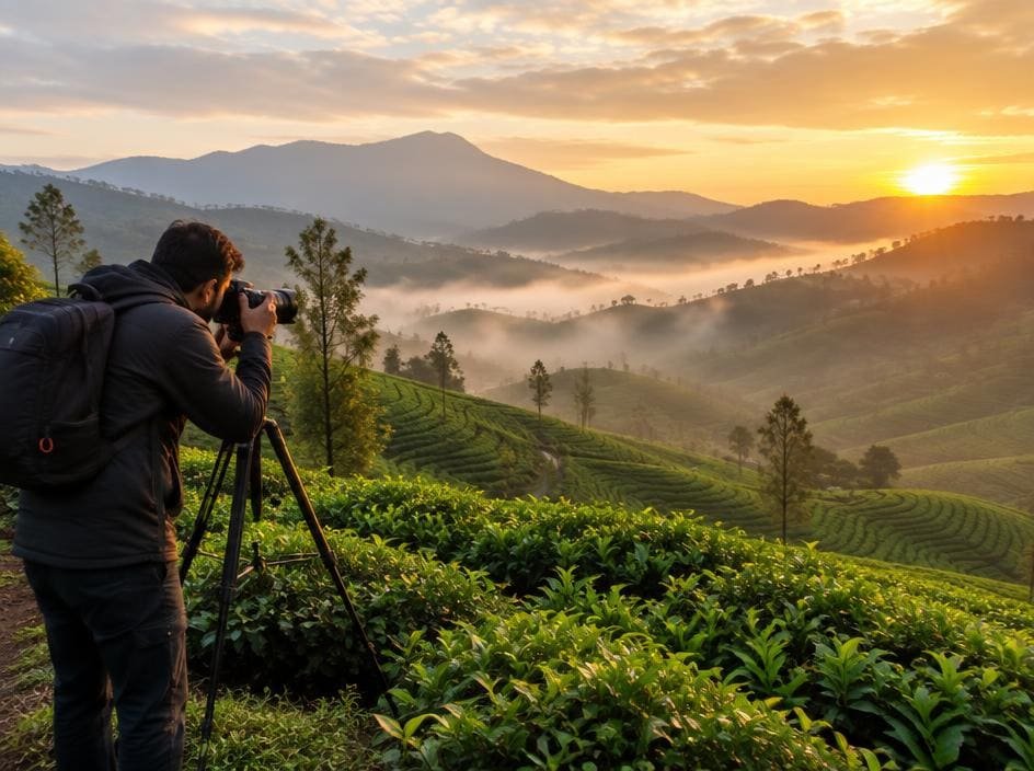 Photographer with a tripod shooting sunrise over misty tea gardens in Munnar