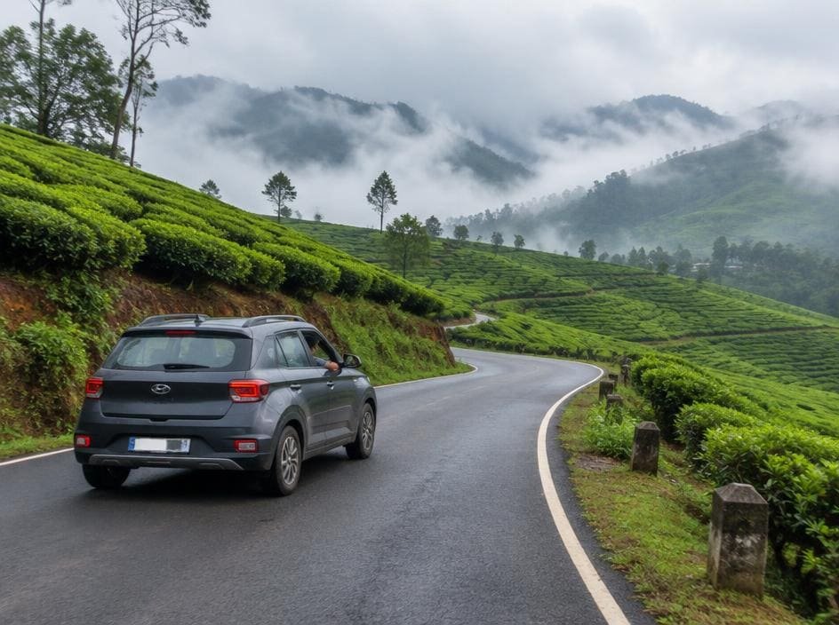 SUV driving a winding road through misty tea plantations in Munnar, Kochi Munnar Thekkady self drive tour package