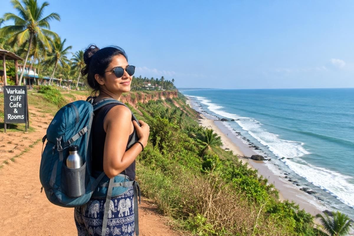 Solo woman traveller on the Varkala cliff path above the Arabian Sea