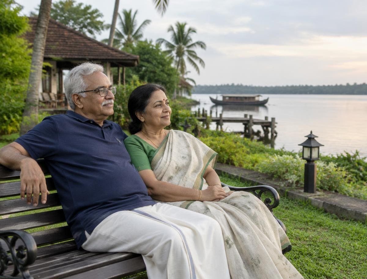 Senior couple sitting on a garden bench at a calm Kerala lakeside resort