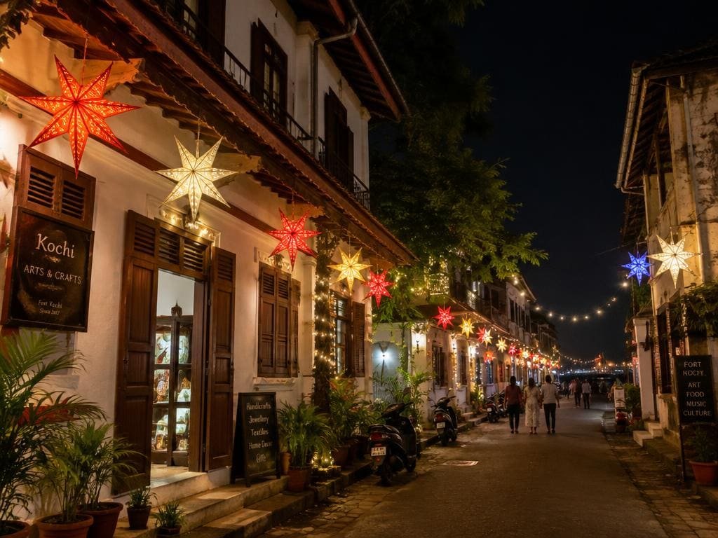 Fort Kochi street at night lit with hanging Christmas star lanterns