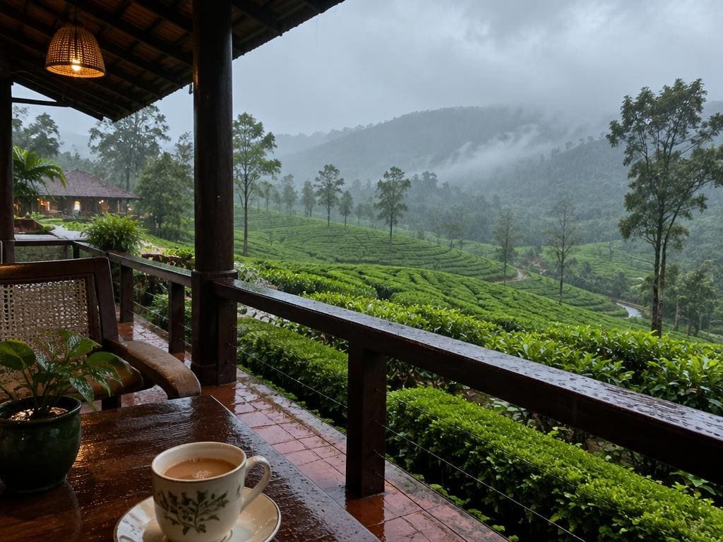 Rain over green Munnar tea hills seen from a covered verandah with a cup of chai, Munnar Kumarakom monsoon budget tour package