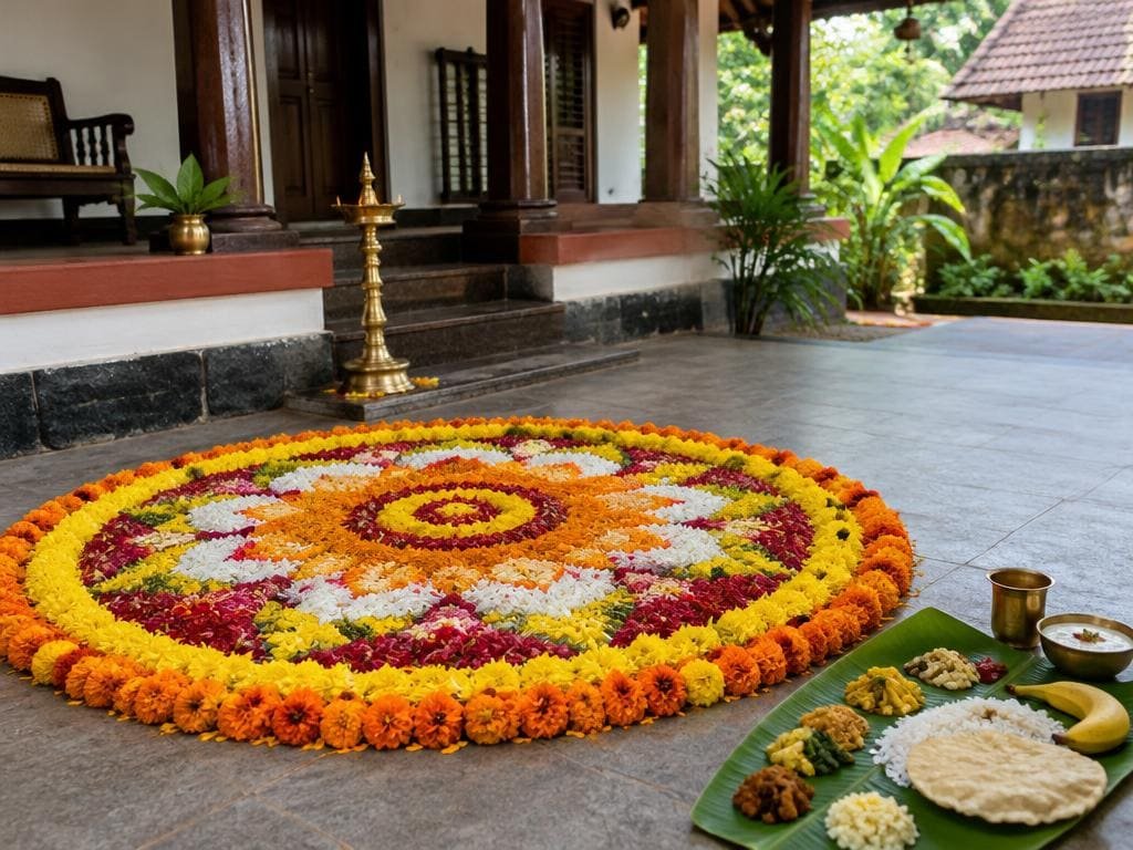 Onam flower carpet of marigold petals in a Kerala courtyard with a sadya meal on a banana leaf