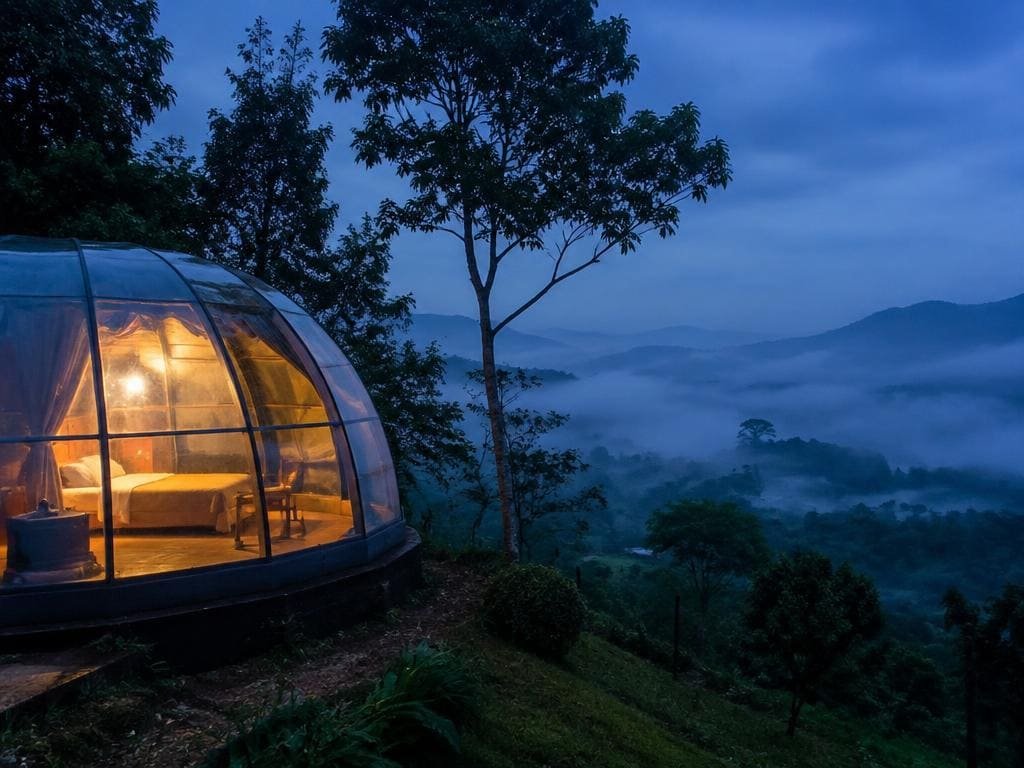 Glass dome cabin lit from inside on a hillside above a misty valley at dusk