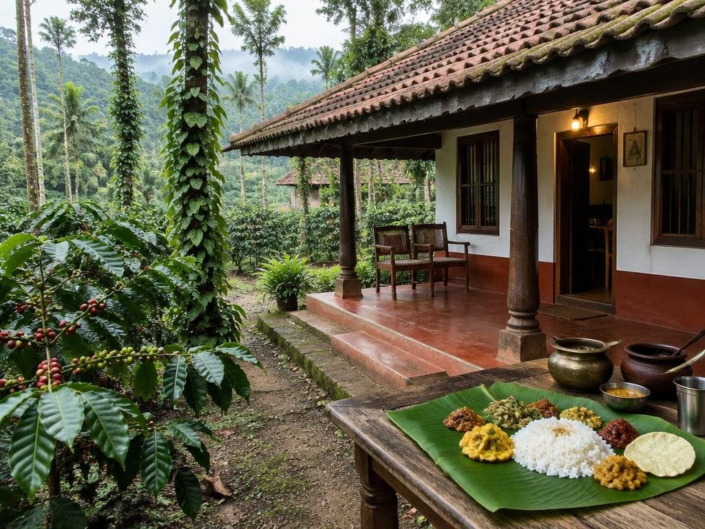 Traditional tiled-roof homestay amid coffee and pepper plants with a meal on a banana leaf