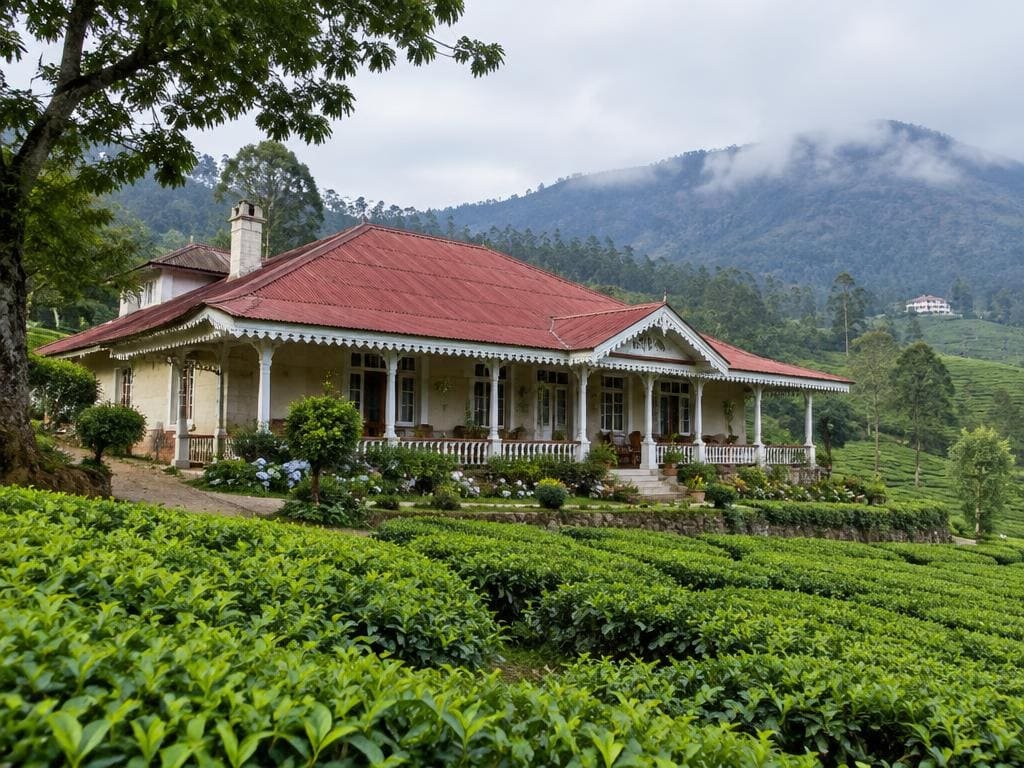 Colonial tea estate bungalow with a red roof and verandah surrounded by tea bushes