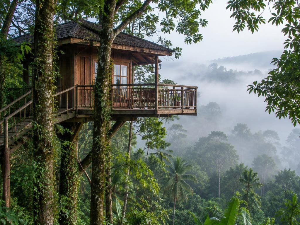 Wooden treehouse with a balcony high in rainforest trees in morning mist