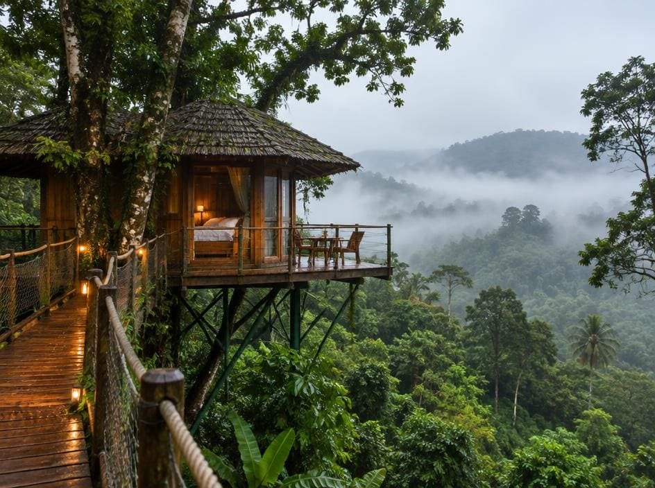 Treehouse resort above misty rainforest in Wayanad