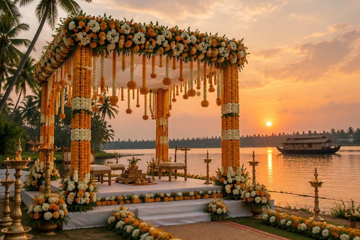Marigold-decorated wedding mandap by the Kumarakom backwaters at sunset