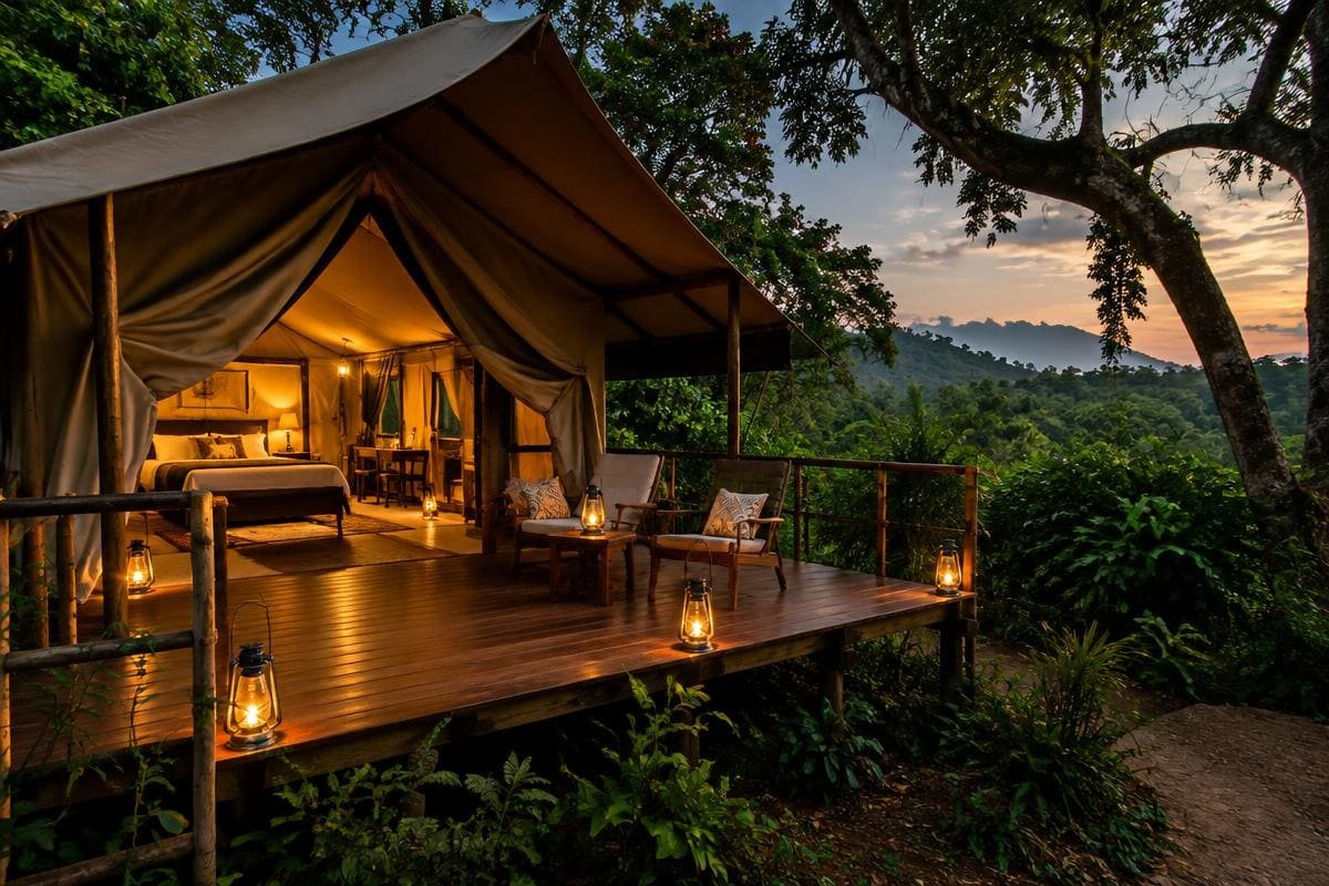 Safari-style tent with a wooden deck at the forest edge near Thekkady