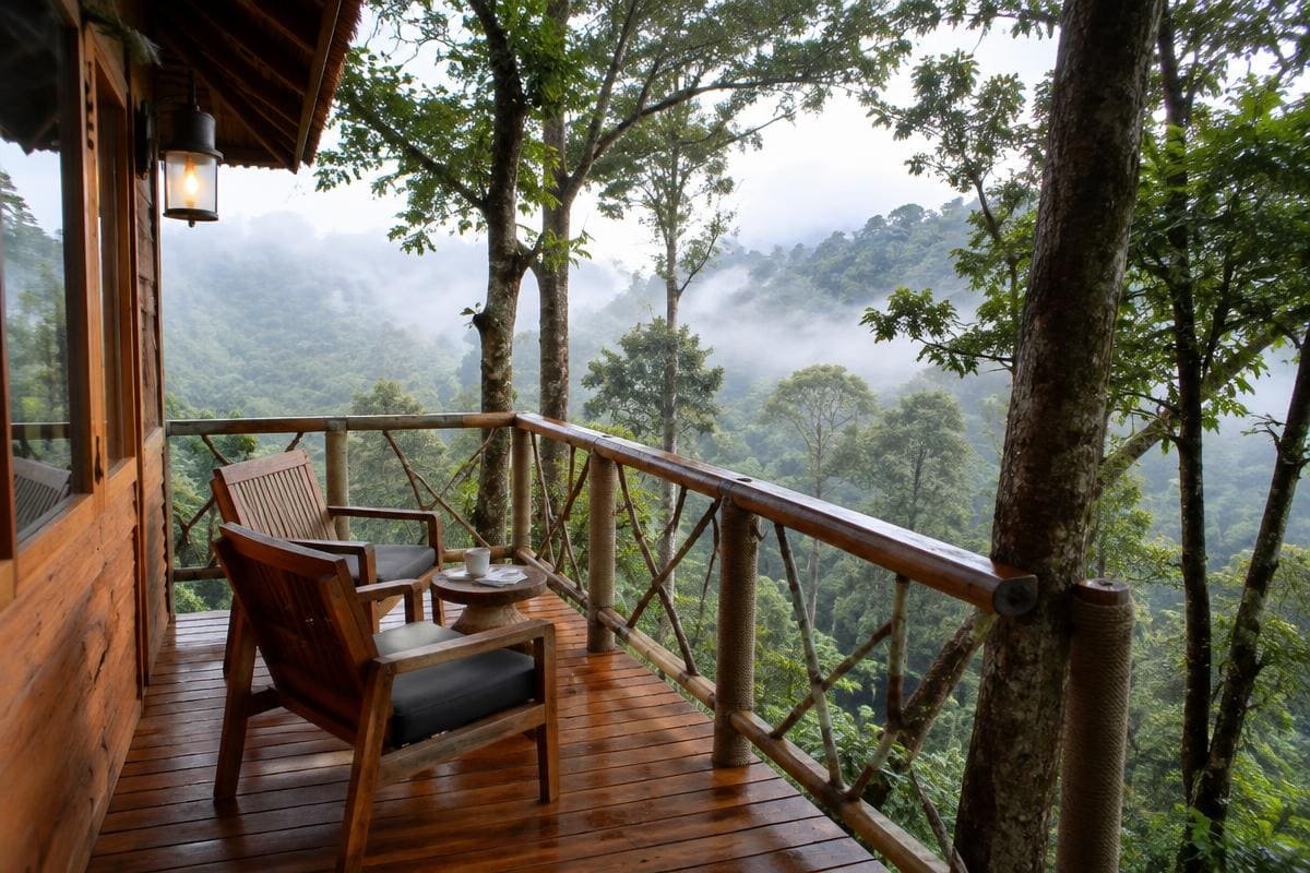 Wooden treehouse stay high in the Wayanad forest canopy